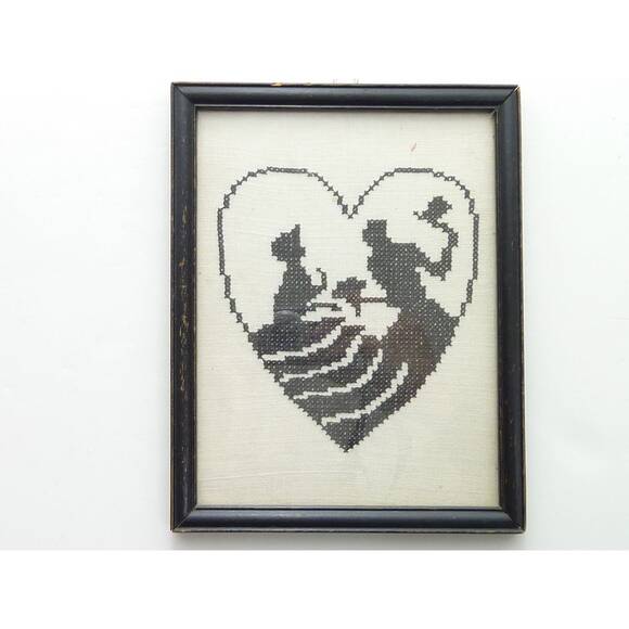 Vintage Silhouette Cross Stitch Courting Couple Framed Glass Western Gothic - Picture 1 of 5